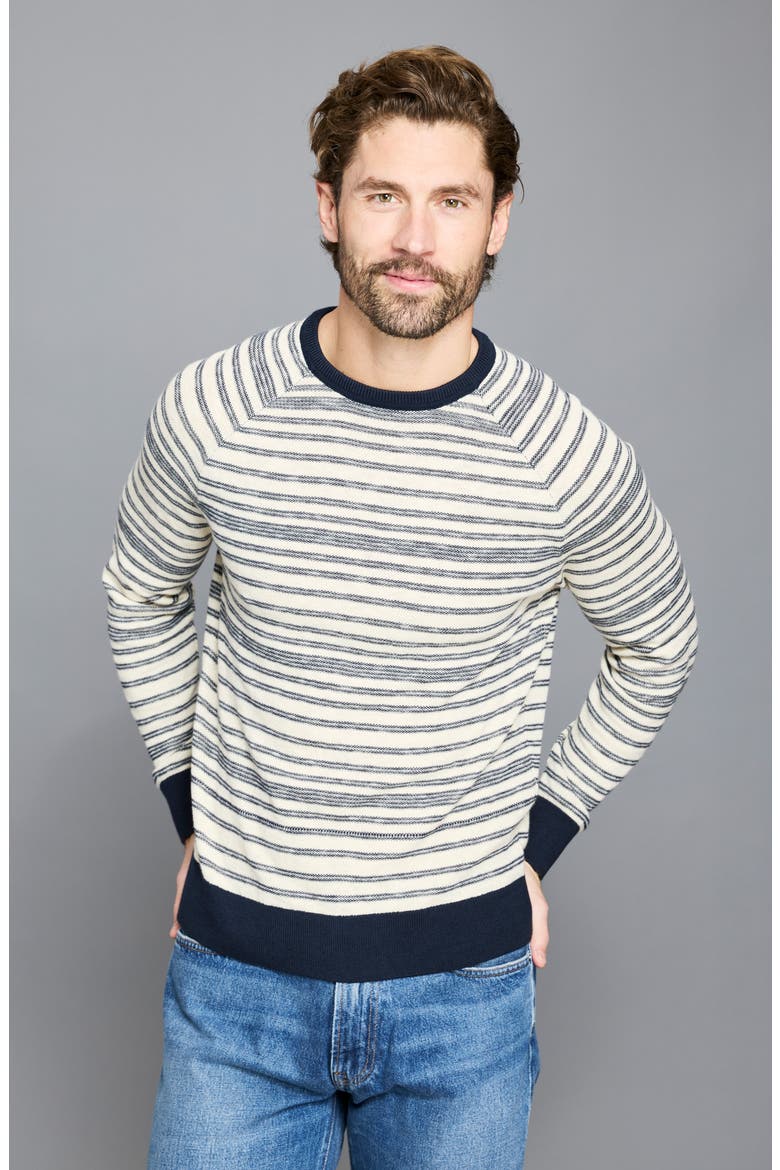 Stripe Crewneck Cotton Sweater, Alternate, color, TINTED WHITE/ CARBON BLUE