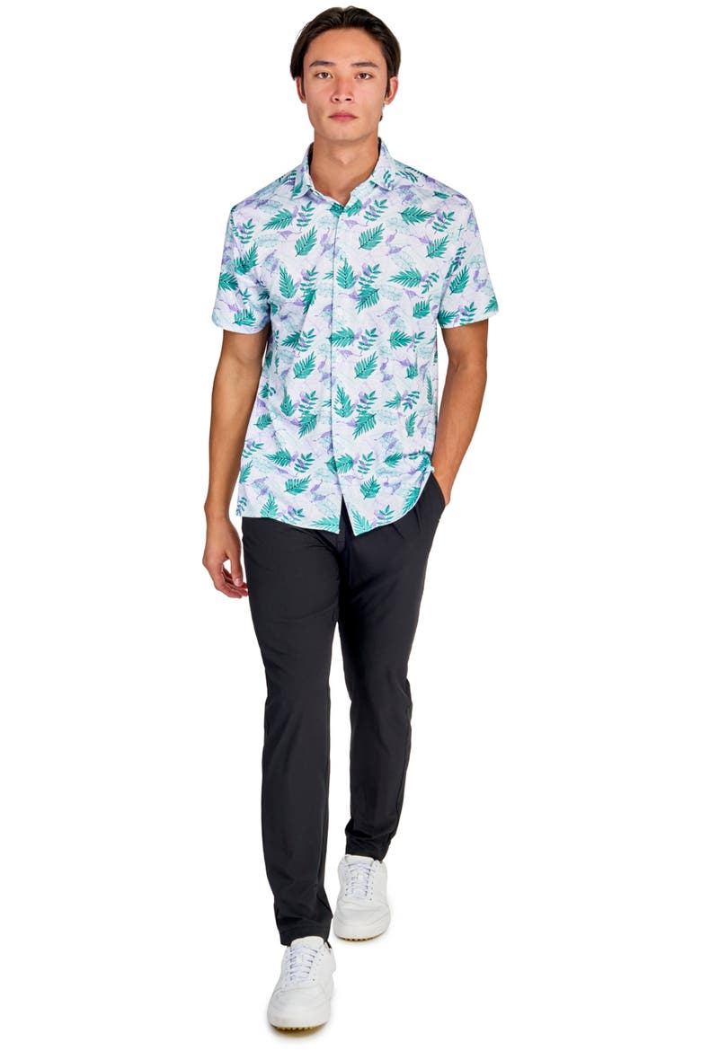 Regular Fit Cheetah Leaf Print Recycled Performance Golf Button-Down Shirt, Alternate, color, WHITE