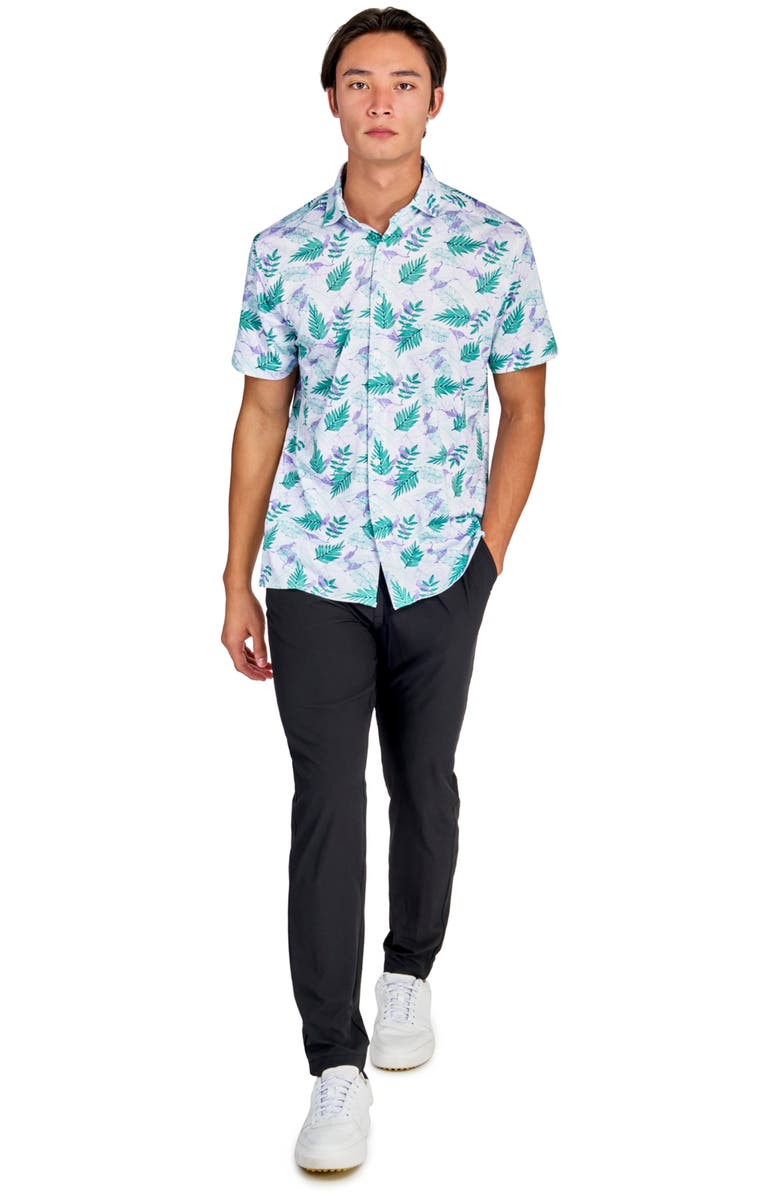 CON.STRUCT Regular Fit Cheetah Leaf Print Recycled Performance Golf Button-Down Shirt, Alternate, color, White