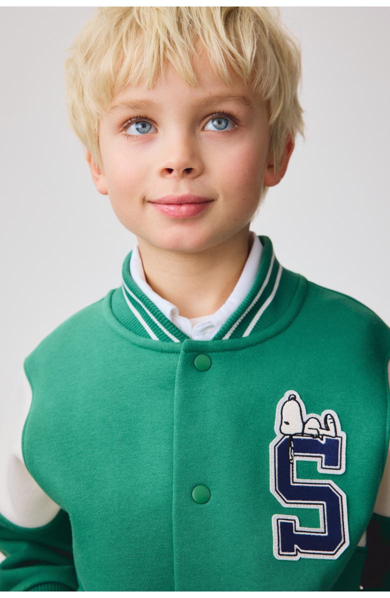 H&M Sweatshirt Baseball Jacket, Alternate, color, Green/Snoopy