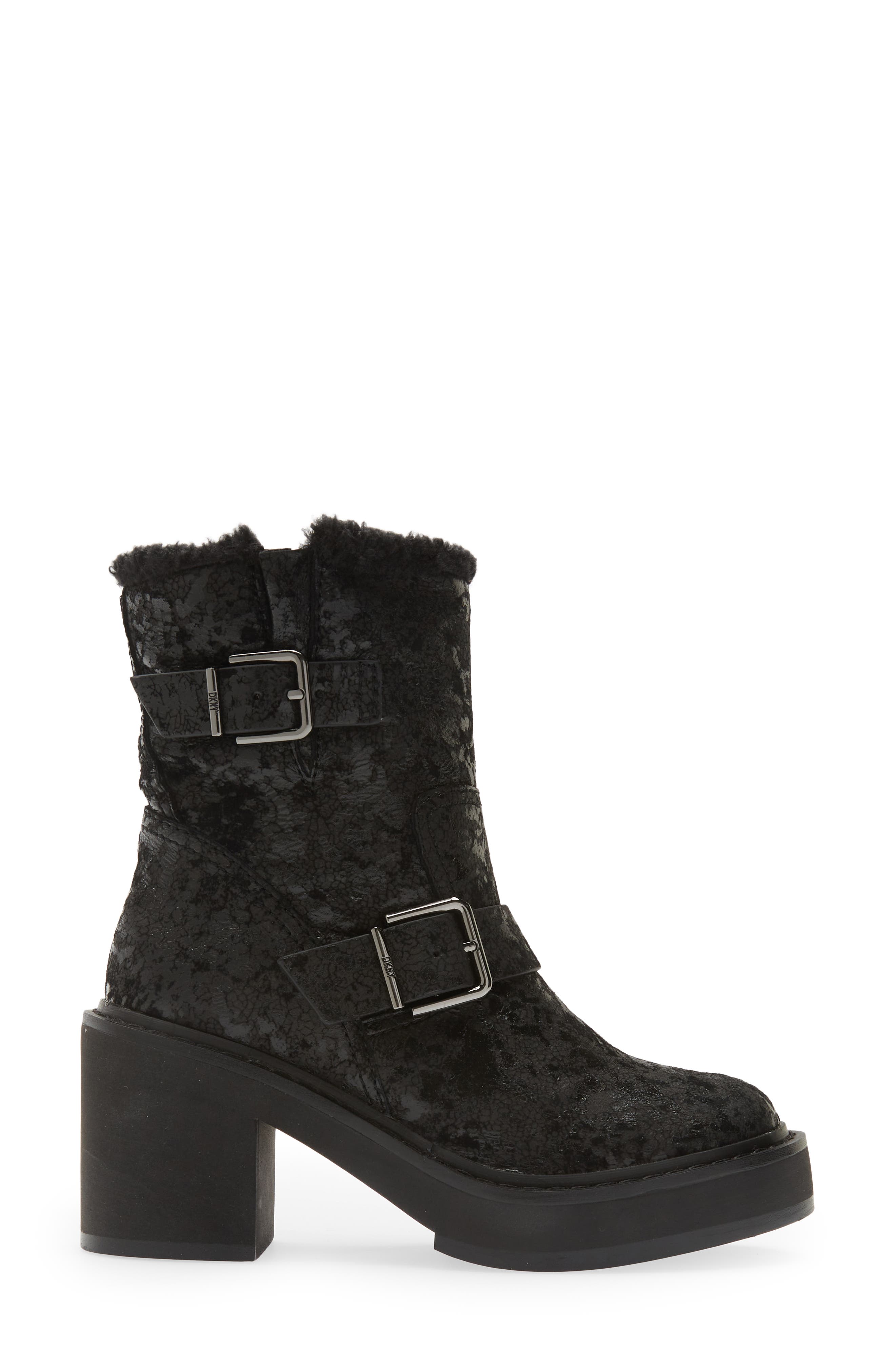 DKNY Daray Buckle Block Heel Bootie, Alternate, color, Black Cracked Leather