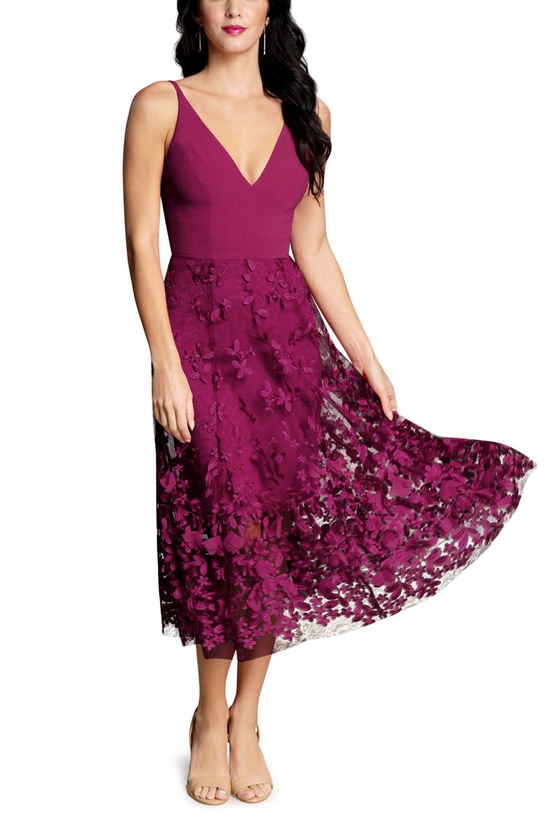 Darleen V-Neck Embroidered Mesh Cocktail Dress, Main, color, DARK MAGENTA