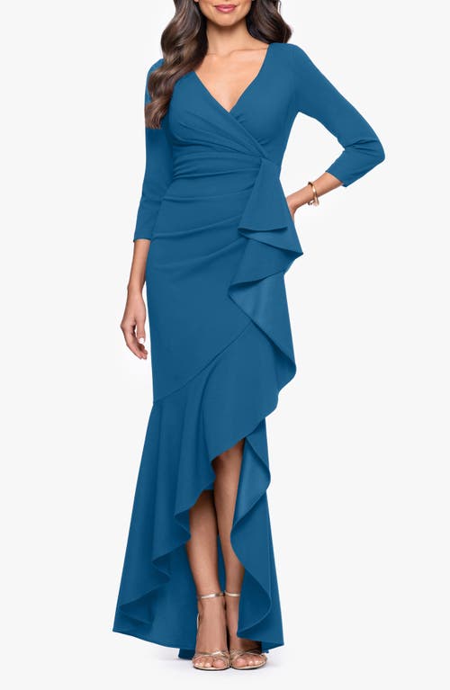 Betsy & Adam Ruffle Scuba Crepe Faux Wrap High-low Mermaid Gown In Blue