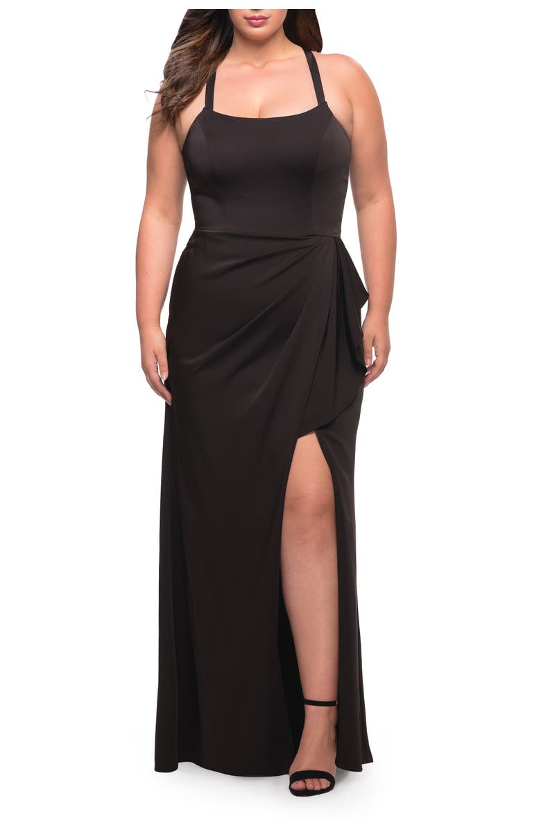 La Femme Elegant Jersey Gown with Ruffle Slit Detail, Main, color, Black