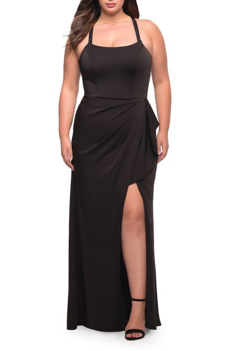 Elegant Jersey Gown with Ruffle Slit Detail