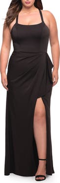 La Femme Elegant Jersey Gown with Ruffle Slit Detail