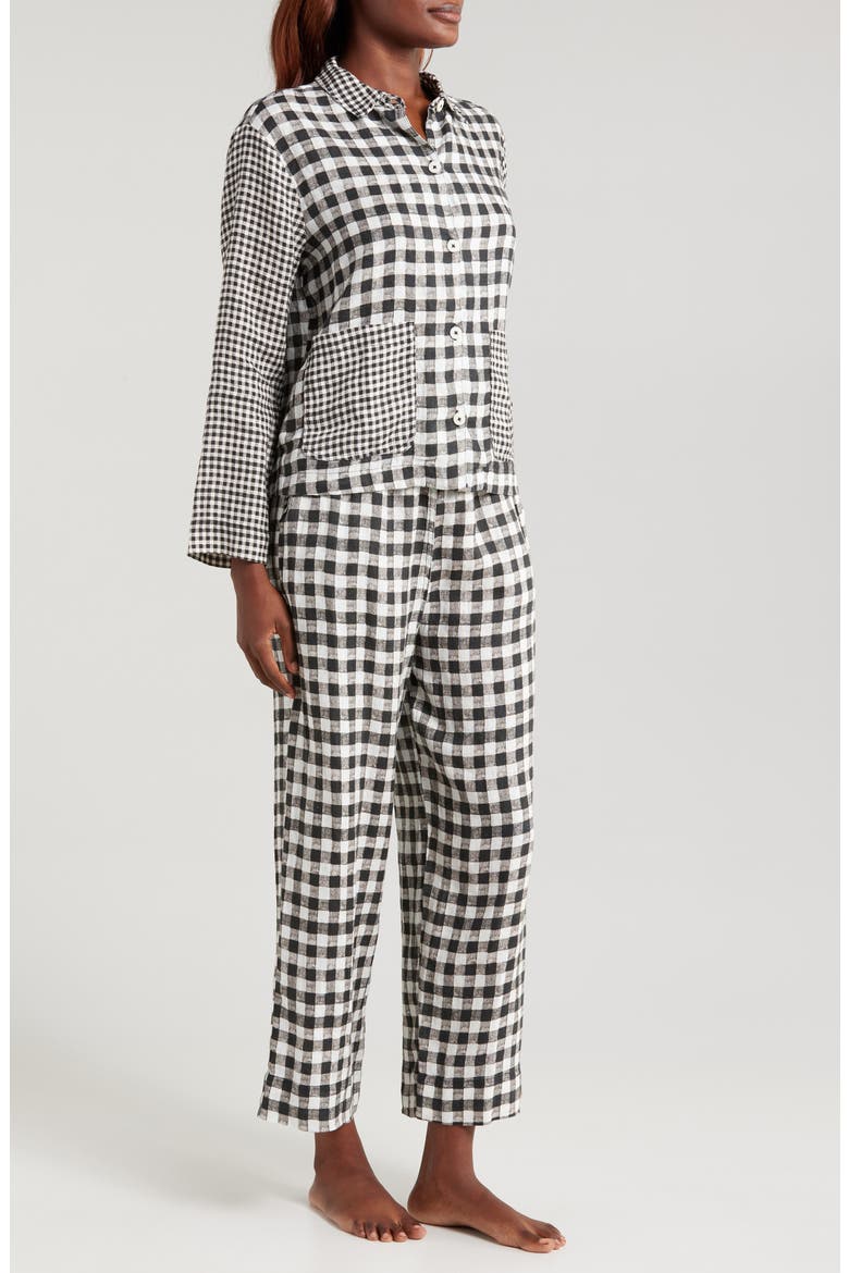 Long Sleeve Linen Pajamas, Alternate, color, GINGHAM LINEN BLACK/WHITE