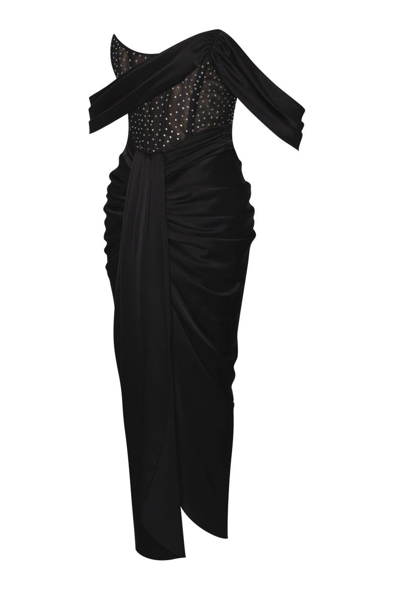 Stella Off Shoulder Crystal Corset Satin Gown, Alternate, color, Black