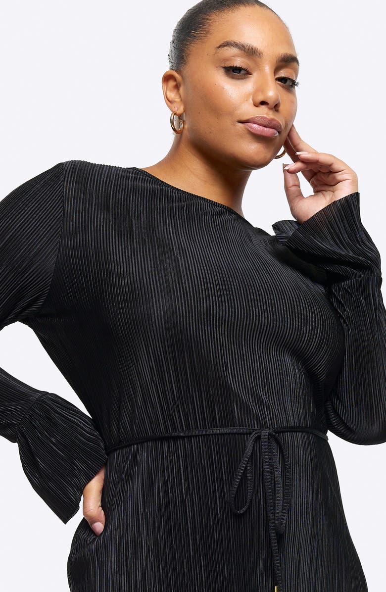 River Island Belted Long Sleeve Plissé Midi Dress, Alternate, color,