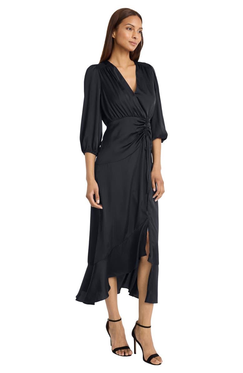 DONNA MORGAN FOR MAGGY Three-Quarter Sleeve Faux Wrap Midi Dress, Alternate, color, Black