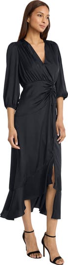 Three-Quarter Sleeve Faux Wrap Midi Dress