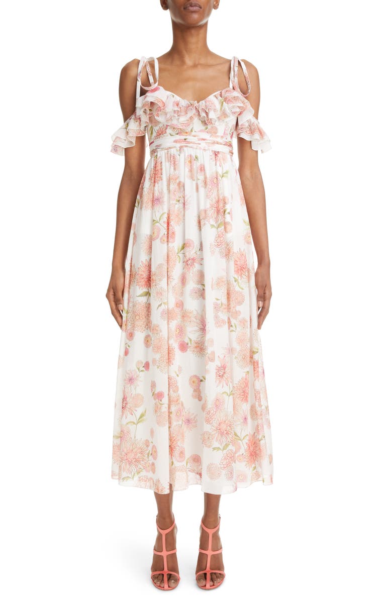 Giambattista Valli Dahlia Print Cold Shoulder Silk Dress, Main, color, 