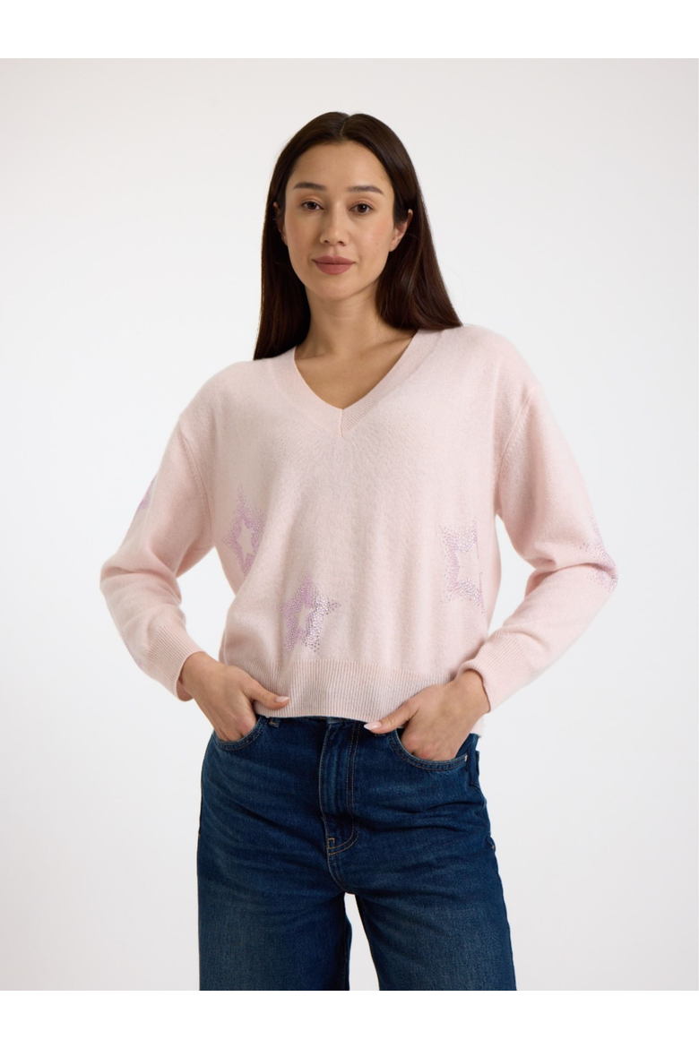 Star Dust Long Sleeve V-Neck Jumper, Main, color, QUARTZ PINK