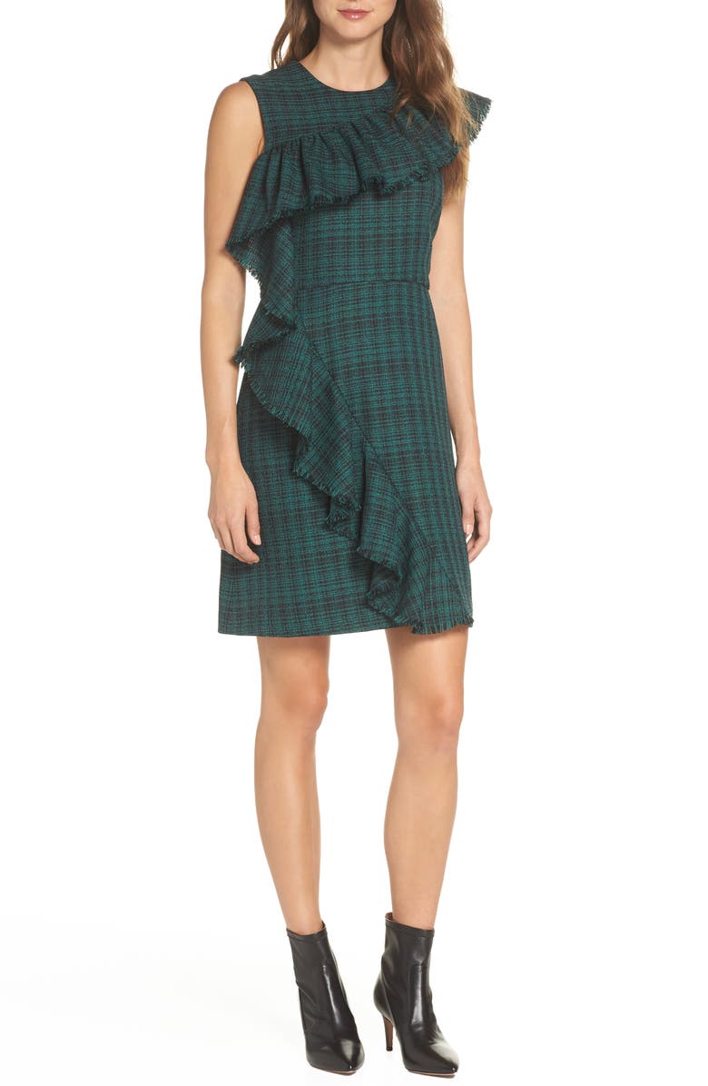 Chelsea28 Ruffle Detail Plaid Sheath Dress, Main, color, 