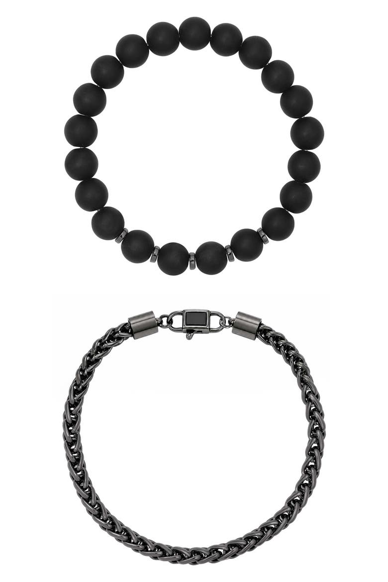 Matte Black Bead & Chain Bracelet Set, Main, color, ONYX