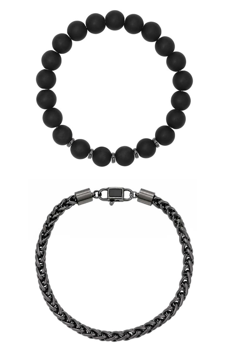 Mr. Ettika Matte Black Bead & Chain Bracelet Set, Main, color, Onyx