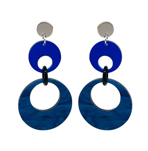 Swinging Circle Drop Earrings - Dark Blue Swirl & Sapphire