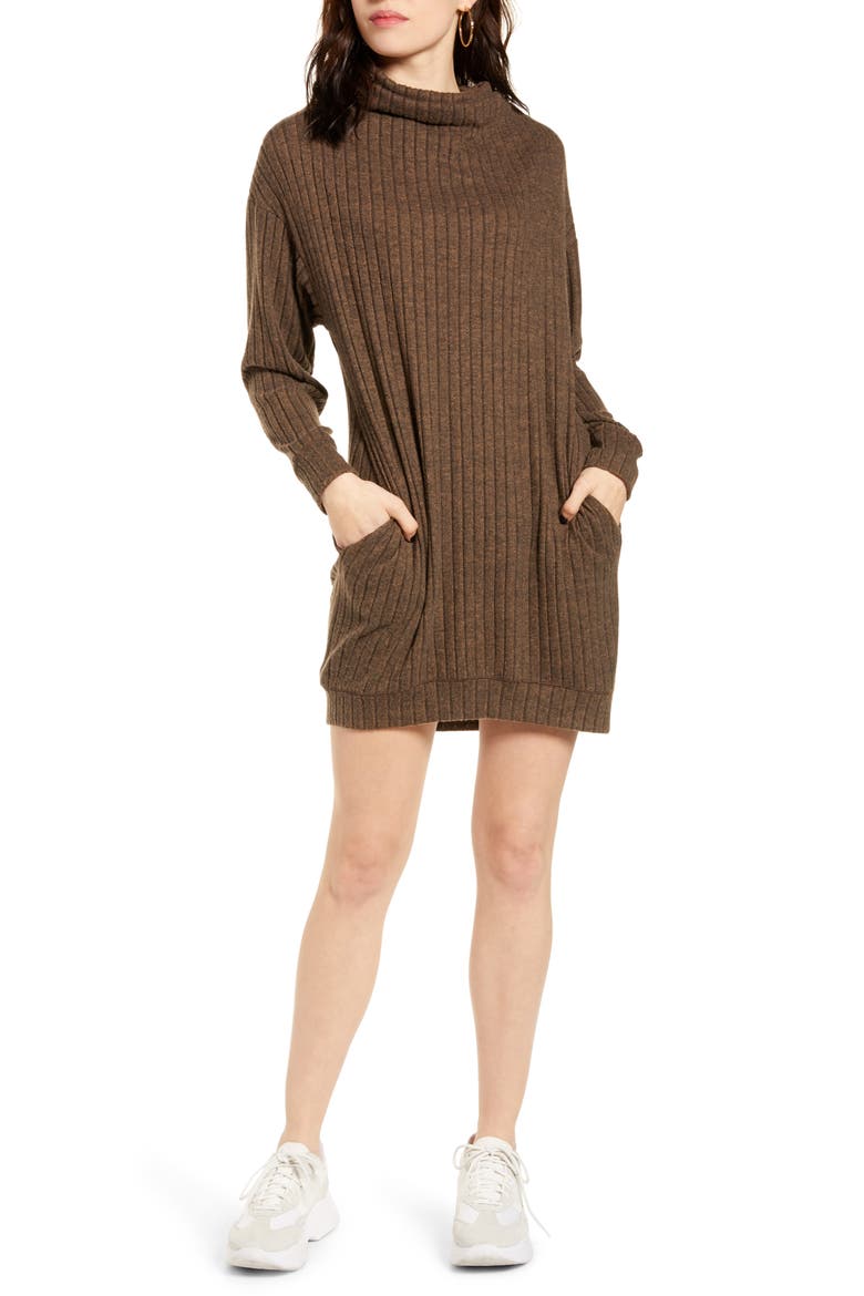 Funnel Neck Rib Dress, Main, color, PECAN