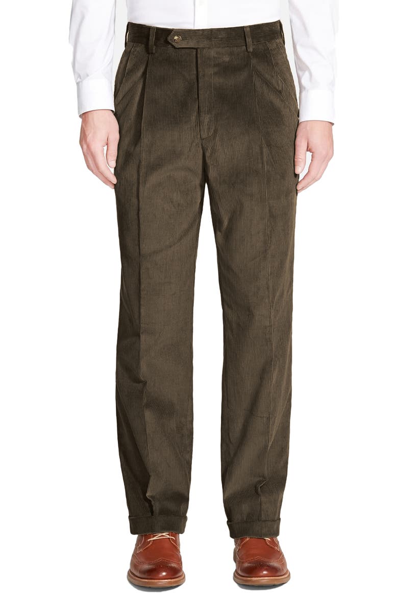 Italian 8-Wale Luxury Corduroy Pleated Trousers, Main, color, OLIVE