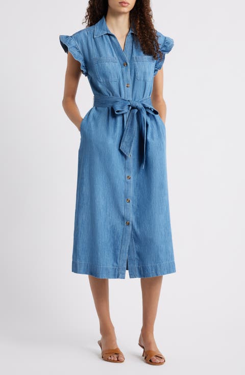 Tie Waist Denim Midi Dress