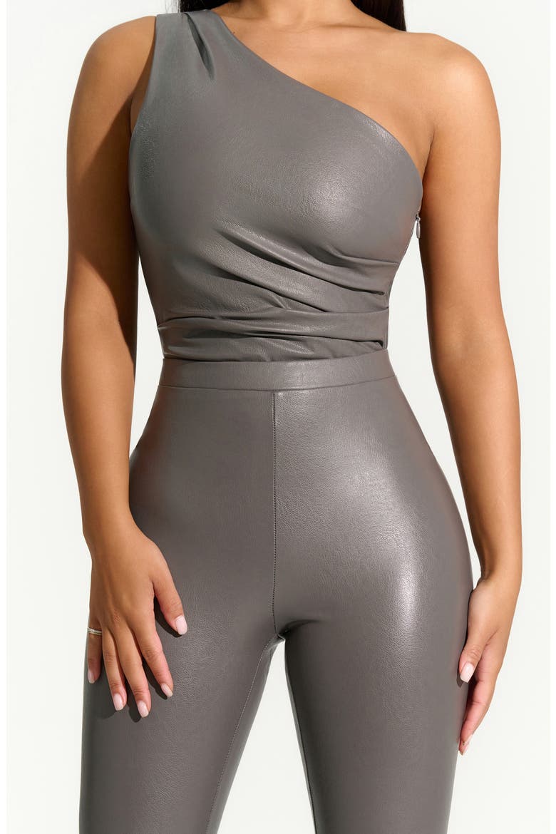 Faux Leather Pleated One-Shoulder Bodysuit, Alternate, color, DARK GREY
