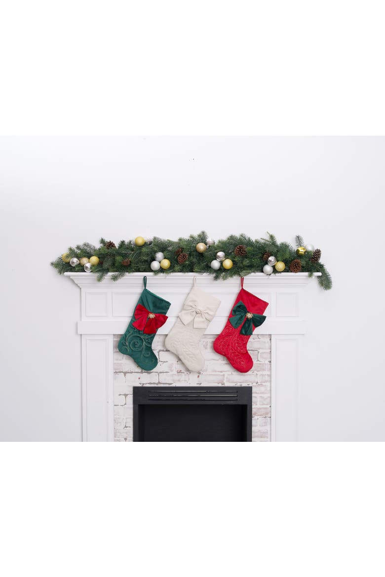 Fancy Red Bow on Floral Botanical Christmas Stocking, Alternate, color, Green