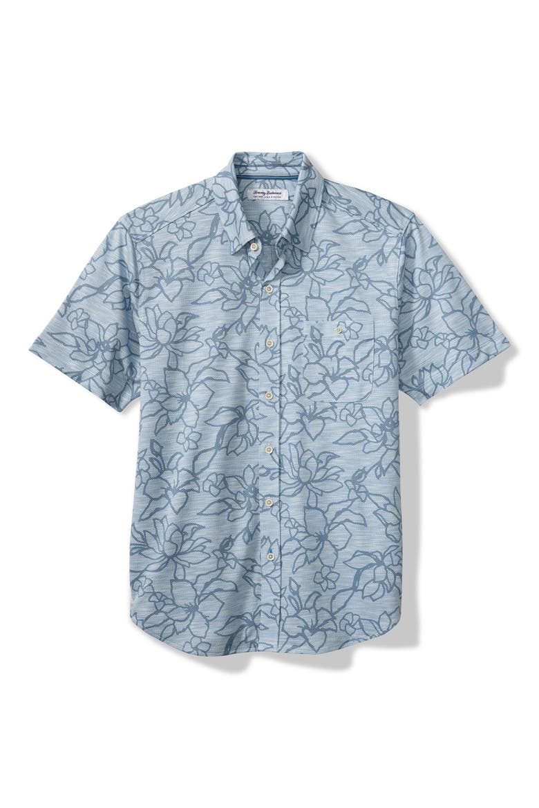 San Lucio Tides Flora IslandZone® Short Sleeve Cotton Blend Button-Up Shirt, Main, color, SILVERY BLUE