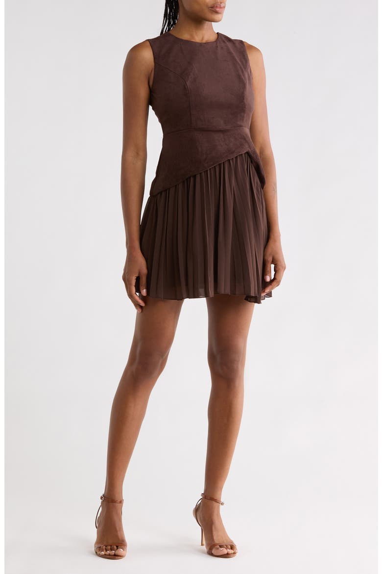 Faux Suede Pleated Hem Minidress, Main, color, BROWN
