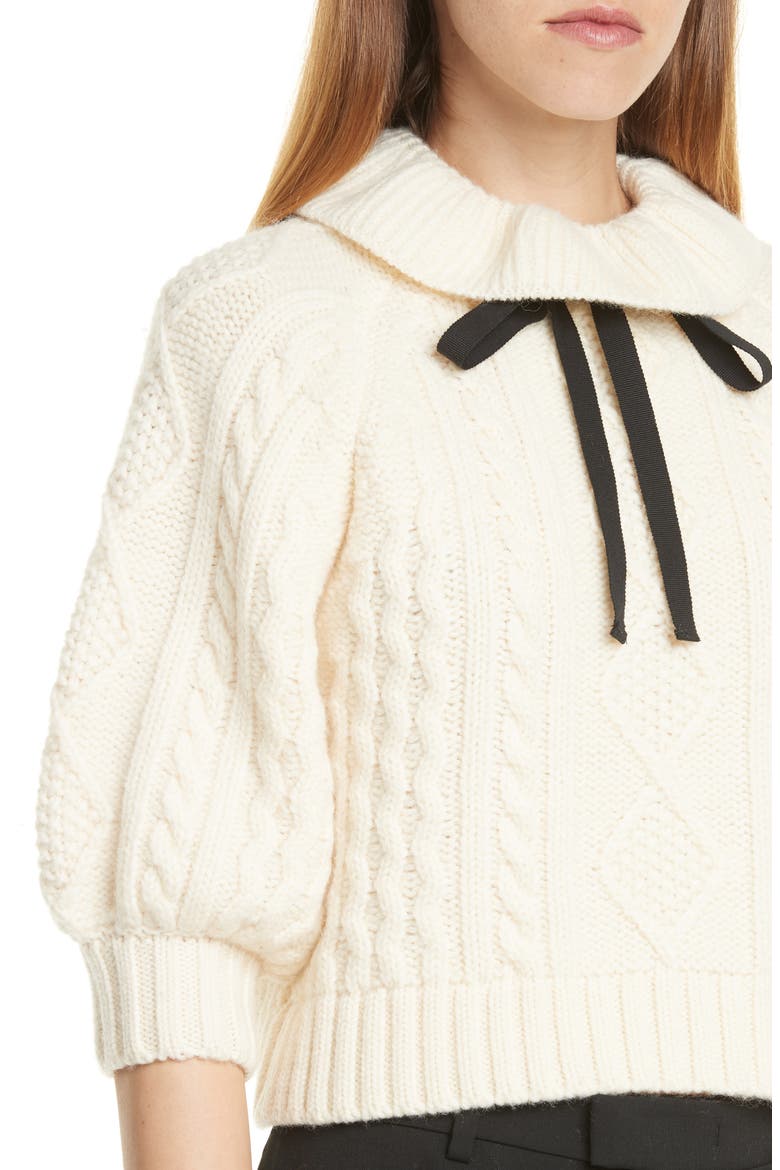 Ribbon Tie Cable Knit Wool Sweater, Alternate, color, IVORY
