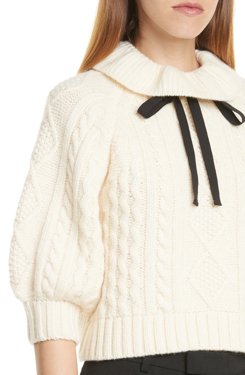 RED Valentino Ribbon Tie Cable Knit Wool Sweater, Alternate, color,