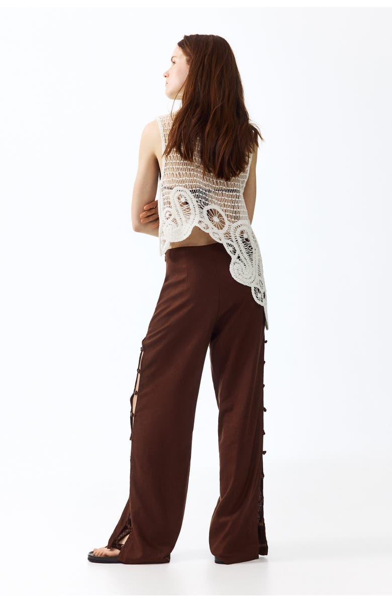 H&M Bead-detail Linen-blend Trousers, Alternate, color, Brown