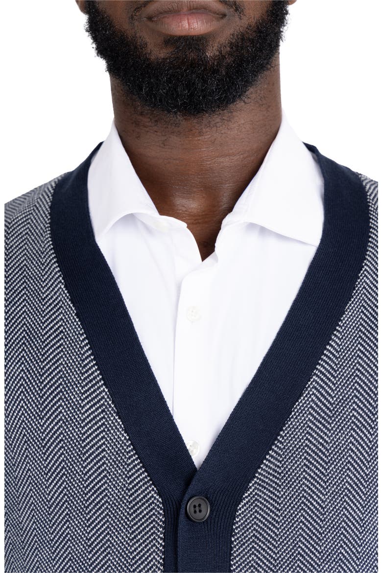Herringbone V-Neck Button Front Cardigan, Alternate, color, WHITE/ NAVY