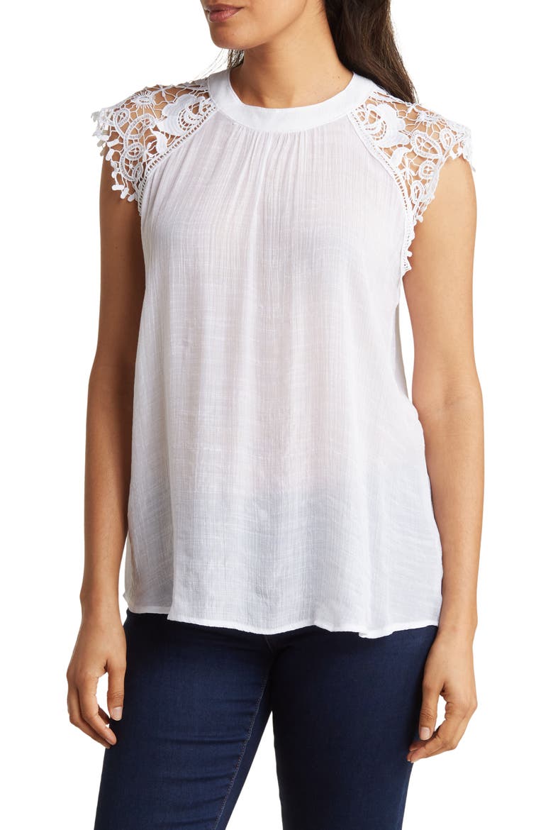 Crochet Cap Sleeve Blouse, Main, color, WHITE