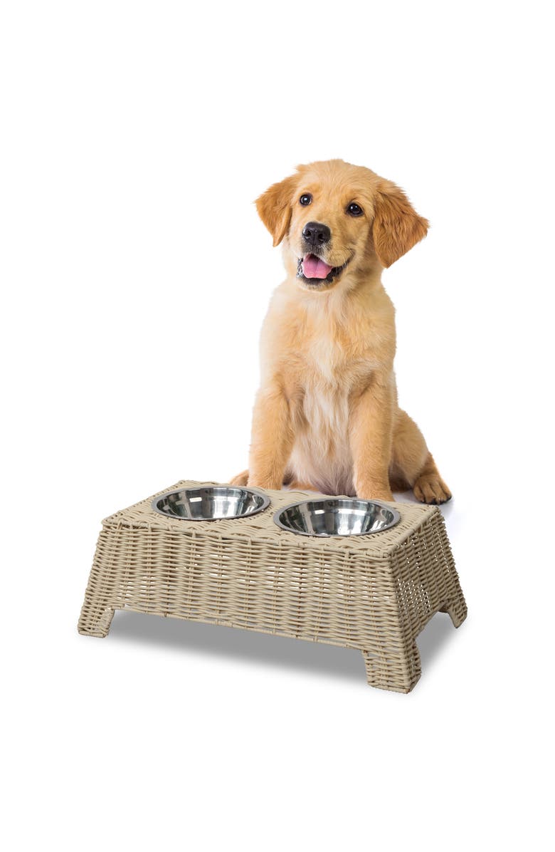 The Licker Store Serenity 6.9" Small/Medium Elevated Wicker Pet Feeder with 18oz (2.2 Cups) 2-Stainless Steel Bowls, Main, color, Almond