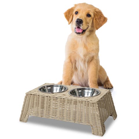 Serenity 6.9" Small/Medium Elevated Wicker Pet Feeder with 18oz (2.2 Cups) 2-Stainless Steel Bowls