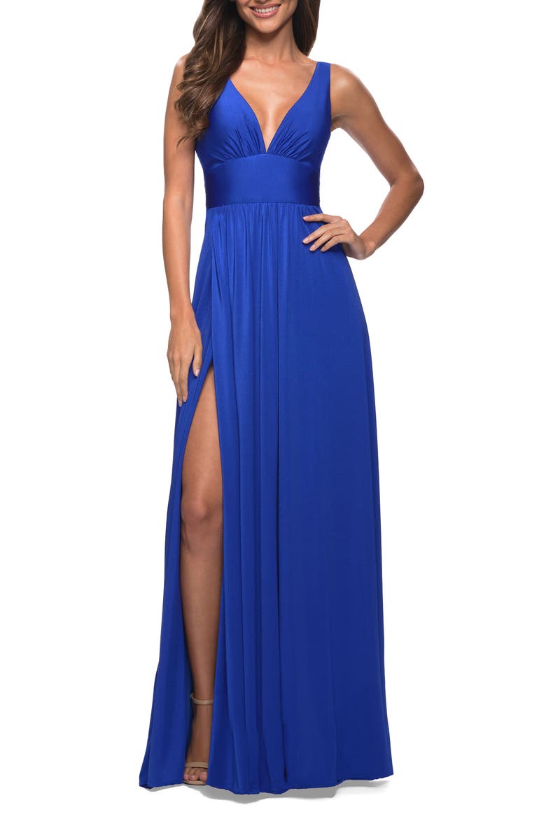 Empire Waist Gown with Deep V Neckline, Main, color, Royal Blue