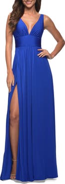 La Femme Empire Waist Gown with Deep V Neckline