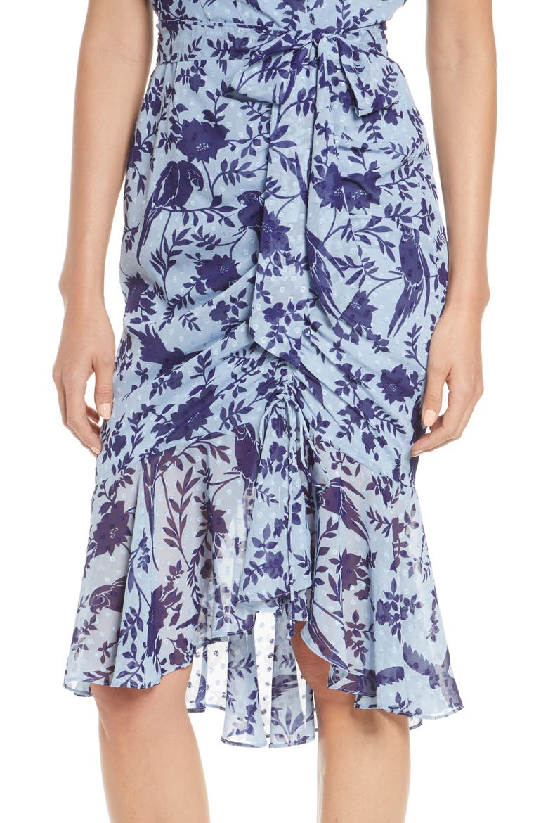 Floral Ruched Chiffon Faux Wrap Dress, Alternate, color, BLUE