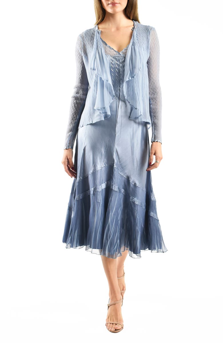 Komarov Tiered Charmeuse & Chiffon Cocktail Dress with Jacket, Main, color, Persian Violet Blue Ombre