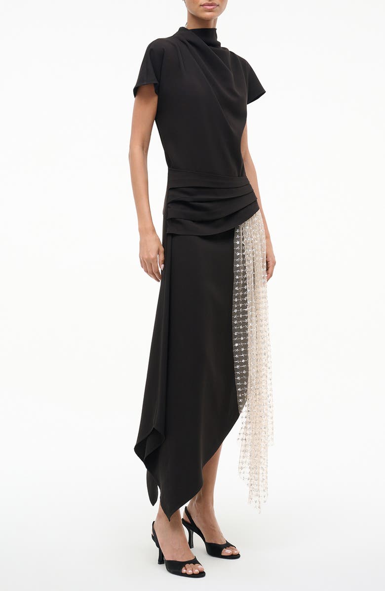 STAUD Effie Drape Mock Neck Asymmetric Maxi Dress, Alternate, color, Black/ Stardust