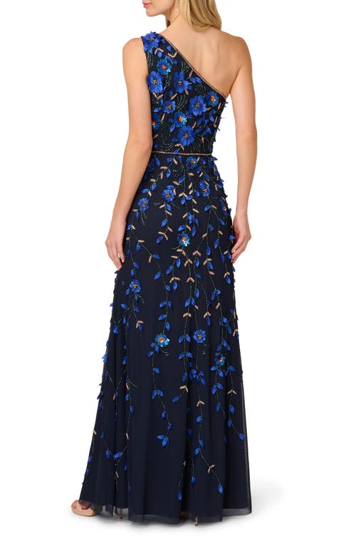 Adrianna Papell 3d Floral Beaded One-shoulder A-line Gown In Blue