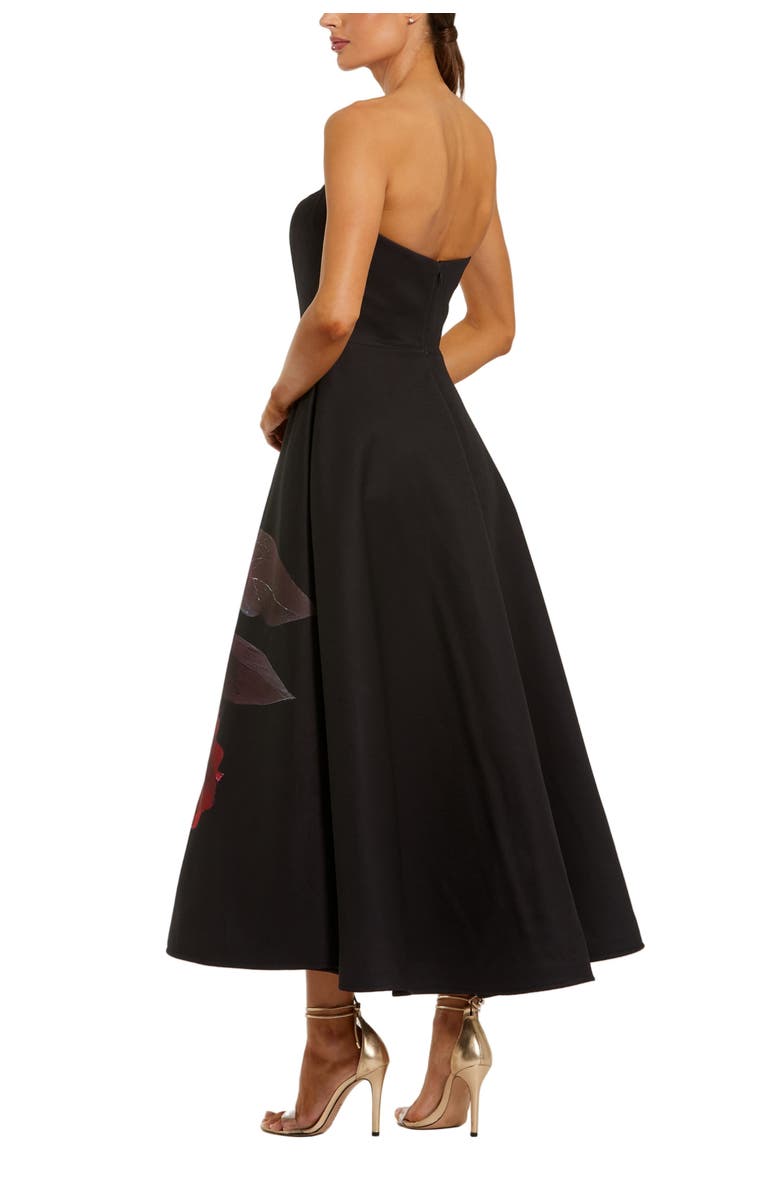 Mac Duggal Crepe Printed Strapless Midi Dress With Pockets, Alternate, color, Black Rose