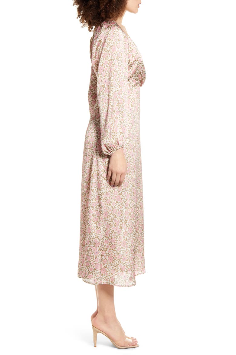 Floral Print Long Sleeve Midi Dress, Alternate, color, PINK VINE