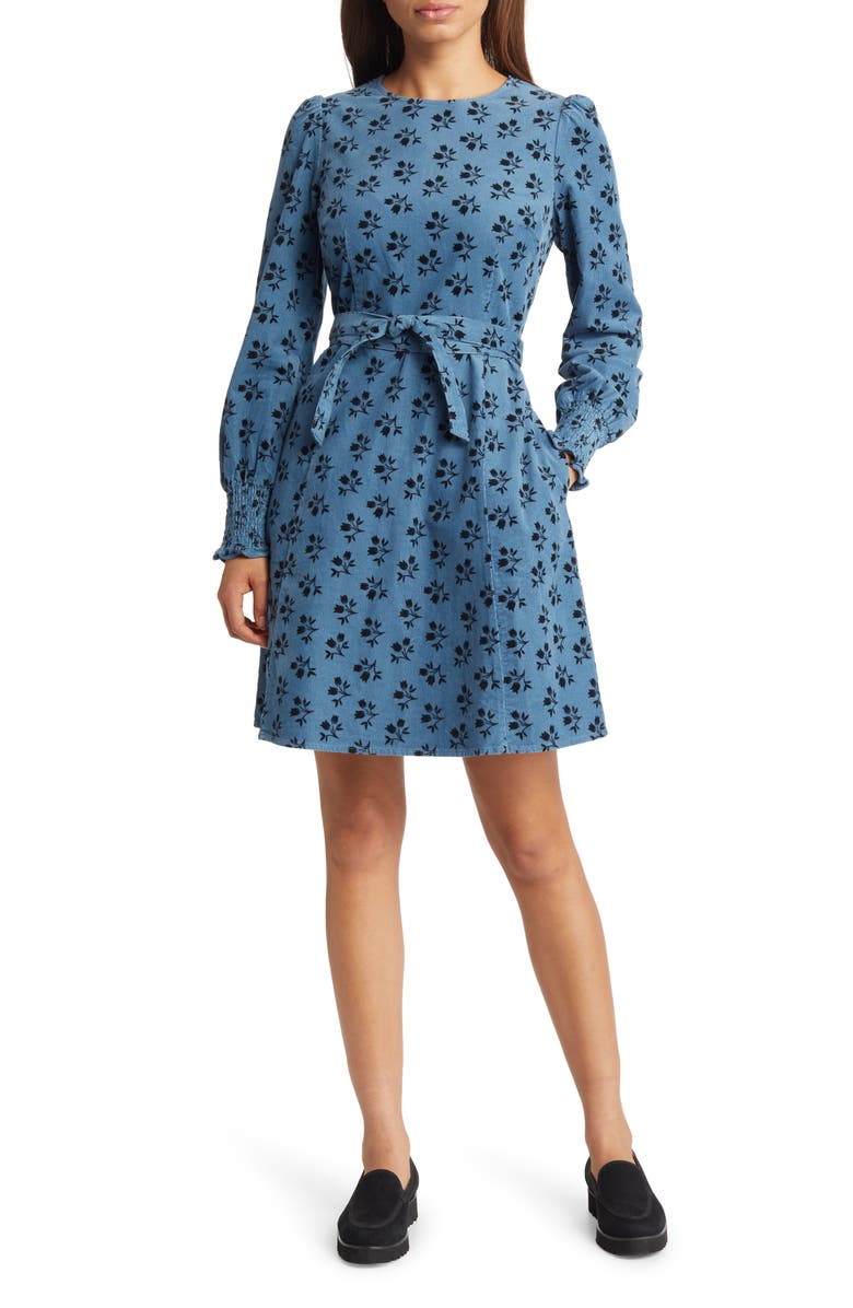 Boden Floral Tie Waist Long Sleeve Corduroy Dress, Main, color, 