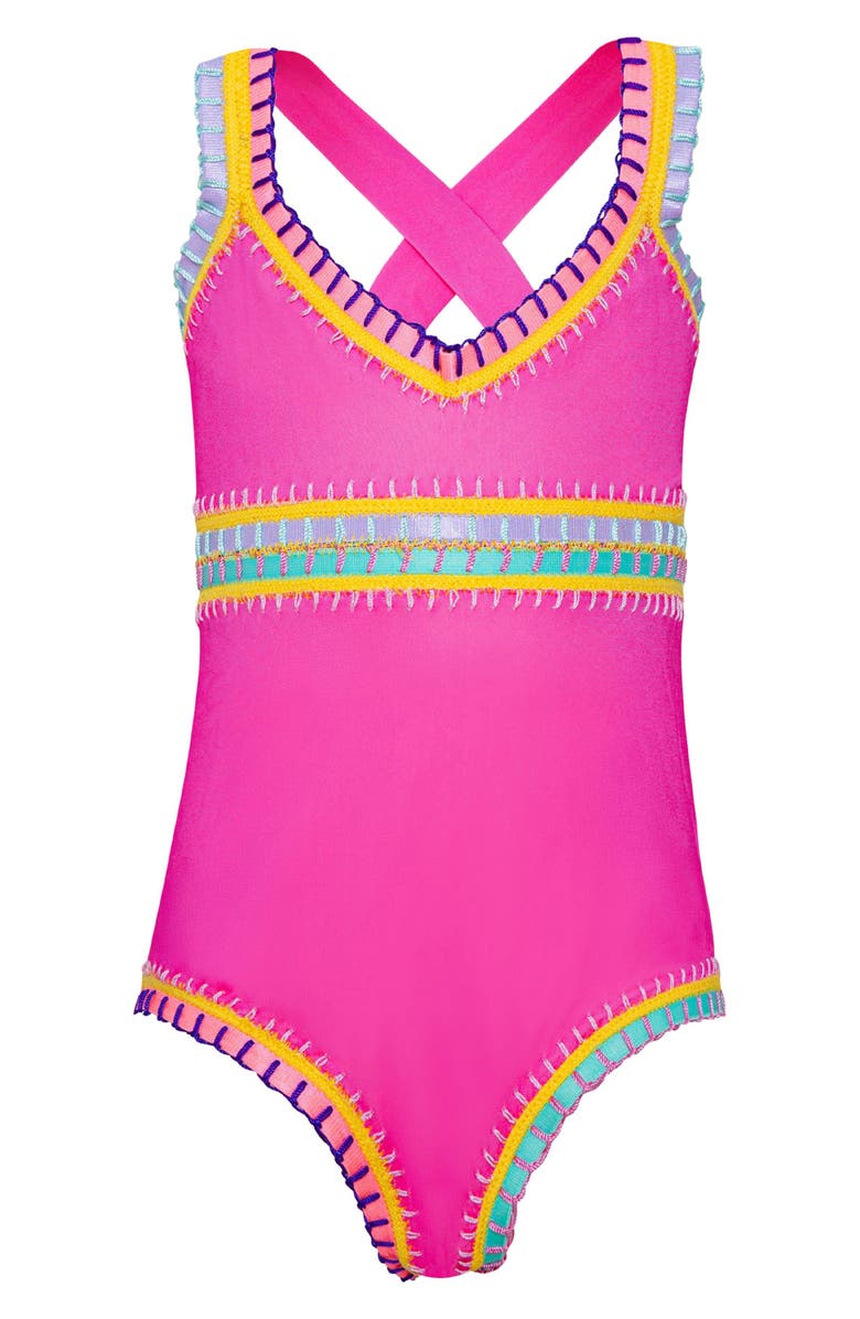 PQ SWIM Kids' Sadie Rainbow Embroidered One-Piece Swimsuit, Main, color, 