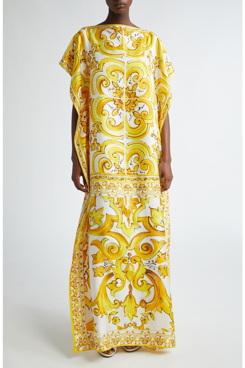 Majolica Print Silk Charmeuse Caftan Dress, Main, color, MIX MAIOLICA GIALLO