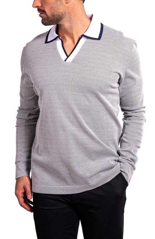 Maceoo Ascension0001 White Johnny Collar Long Sleeve Cotton Polo In Gray