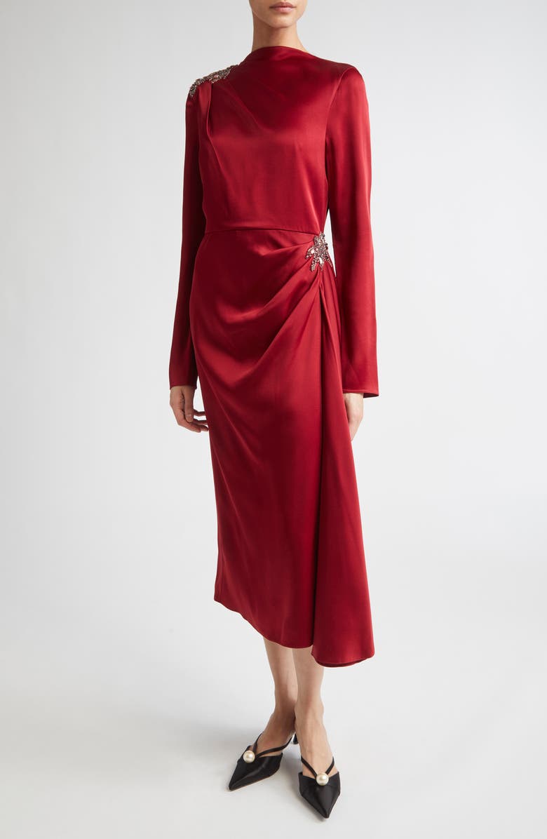 Erdem Crystal Embellished Long Sleeve Satin Dress, Main, color, Ruby Red