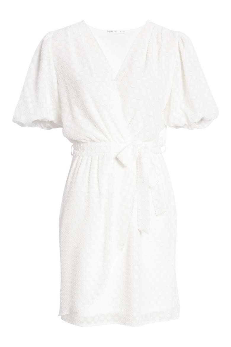Dot Jacquard Faux Wrap Dress, Alternate, color, WHITE
