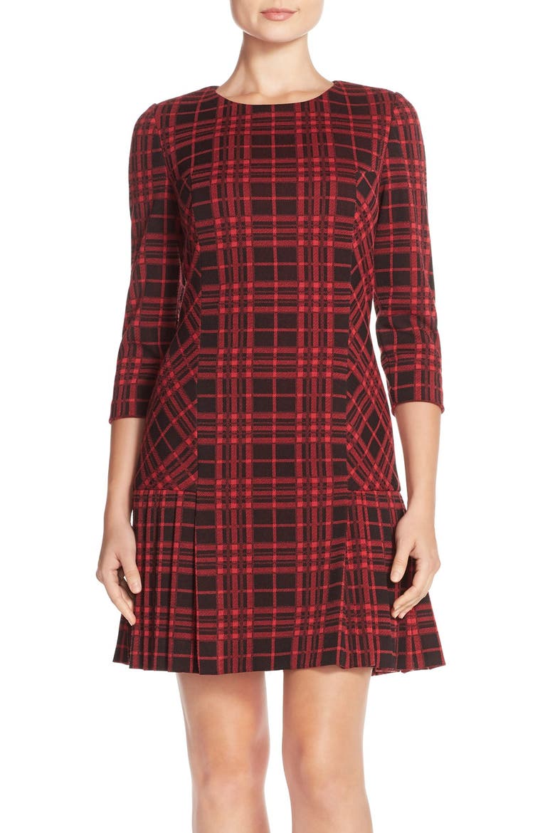 Pleat Plaid Jacquard A-Line Dress, Main, color, LIPSTICK/ BLACK